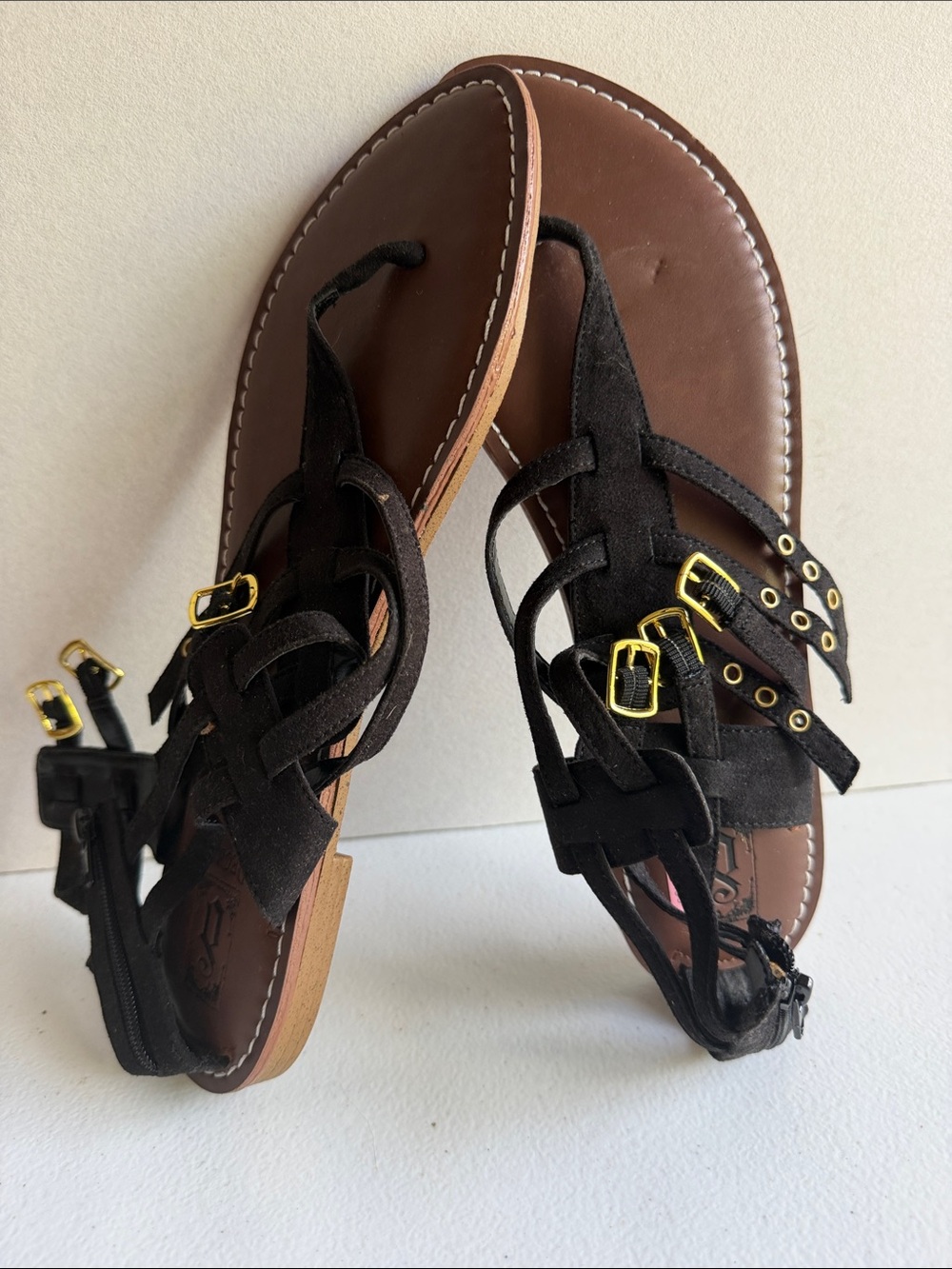 Black Strappy Women's Sandals with Gold Buckles